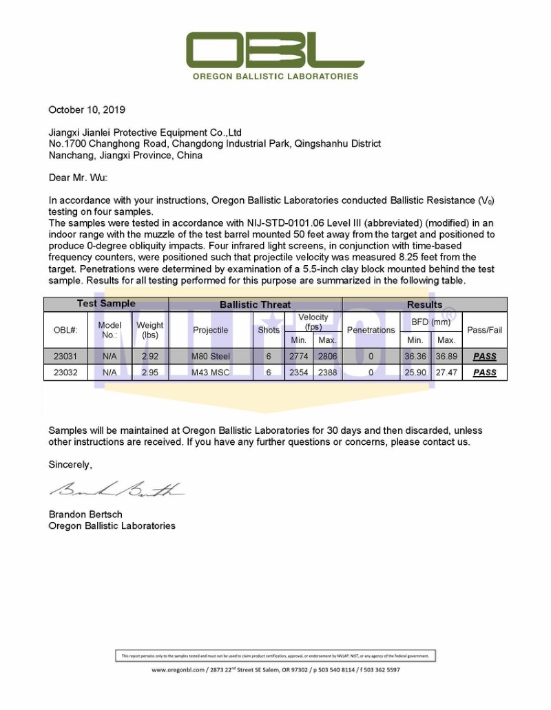 PE Ballistic Plate OBL M80 and M43 NIJ III+ 0101.06 Or NIJ 0101.07 RF1 Rated Test Report 1